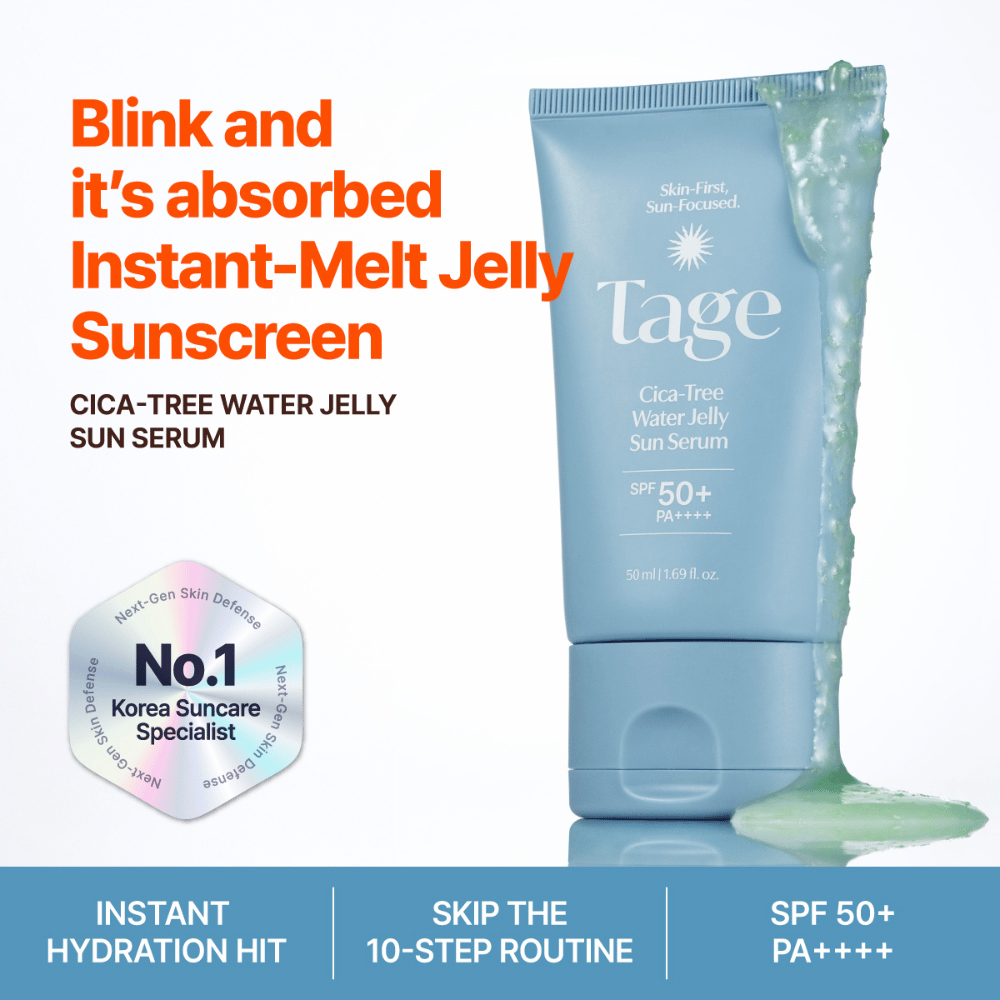 Tage Cica-Tree Water Jelly Sun Serum SPF 50+ z lahko gelasto teksturo. Modra tuba za zaščito pred soncem z zelenim gelom, ki prikazuje teksturo izdelka.