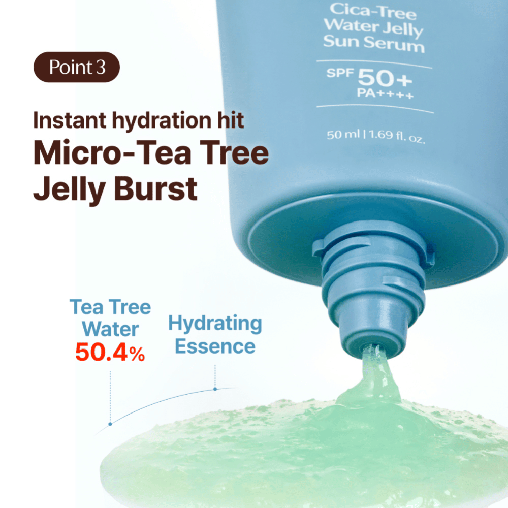 Tage Cica-Tree Water Jelly Sun Serum SPF 50+ z 50,4 % tea tree vode. Bližnji posnetek zelene, vlažilne gele, ki se iztiska iz tube.
