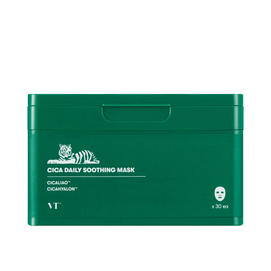 Zelena embalaža z napisom "Cica Daily Soothing Mask" in belo ilustracijo tigra, ki vsebuje 30 mask iz listov.