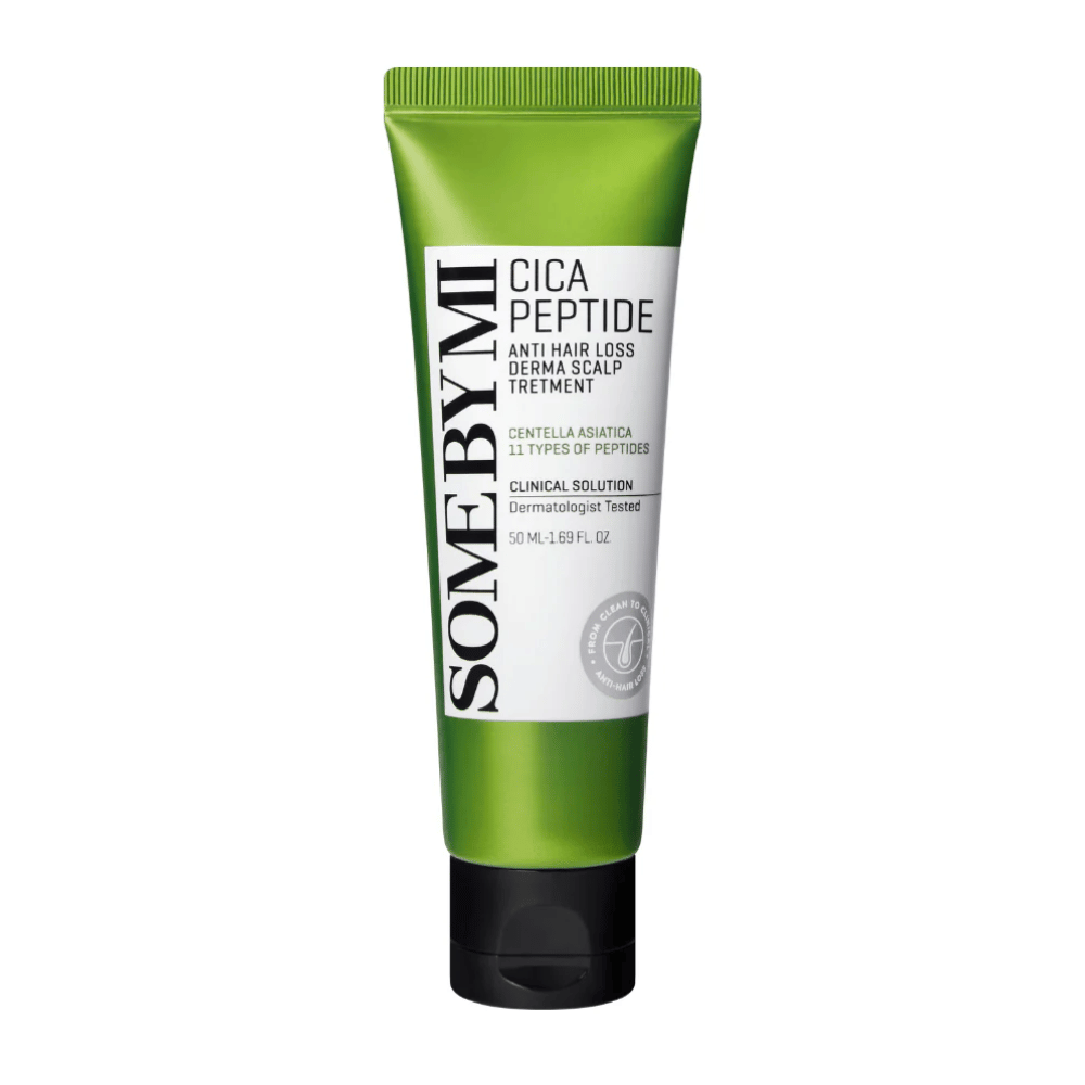 SOME BY MI Cica Peptide Anti Hair Loss Derma Scalp Treatment v zeleni in beli tubi s črnim pokrovčkom, izdelek proti izpadanju las in za nego lasišča.
