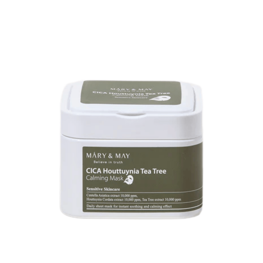 Mary & May Cica Houttuynia Tea Tree Calming Mask – lonček z pomirjujočimi maskami za občutljivo kožo, obogatenimi s centello, houttuynio in izvlečkom čajevca.