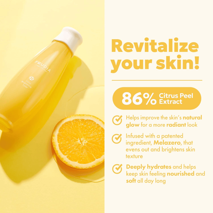FRUDIA Citrus Brightening Toner z 86 % ekstrakta citrusove lupine – vlažilna in sijoča tonik za obraz, ki izboljšuje naravni sijaj kože in daje mehko, sijočo kožo.