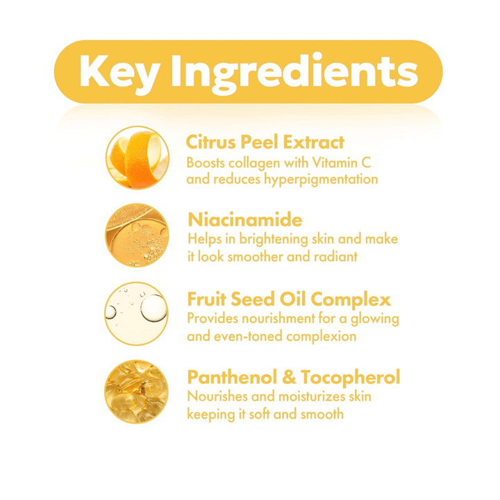 FRUDIA Citrus Brightening Toner – ključne sestavine, kot so ekstrakt citrusove lupine, niacinamid, kompleks olja iz semen sadja ter pantenol in tokoferol za jasnejšo in bolj enakomerno kožo.