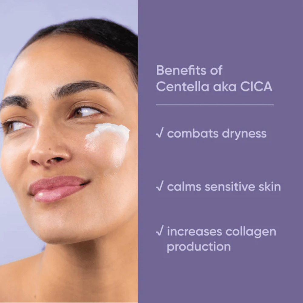 Oseba, ki nanaša kremo za obraz, grafika, ki prikazuje prednosti Centella Asiatica (CICA) v Clean It Zero Calming Cleansing Balm za suho, občutljivo kožo in povečano proizvodnjo kolagena.