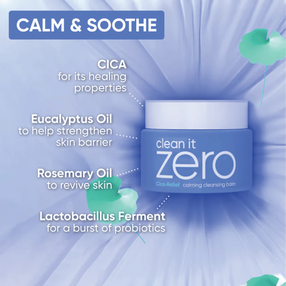 Informacijska slika za Clean It Zero Cica-Relief Calming Cleansing Balm, ki izpostavlja pomirjujoče sestavine kot so CICA, evkaliptusovo olje, rožmarinovo olje in ferment lactobacillus za okrepljeno kožno pregrado.