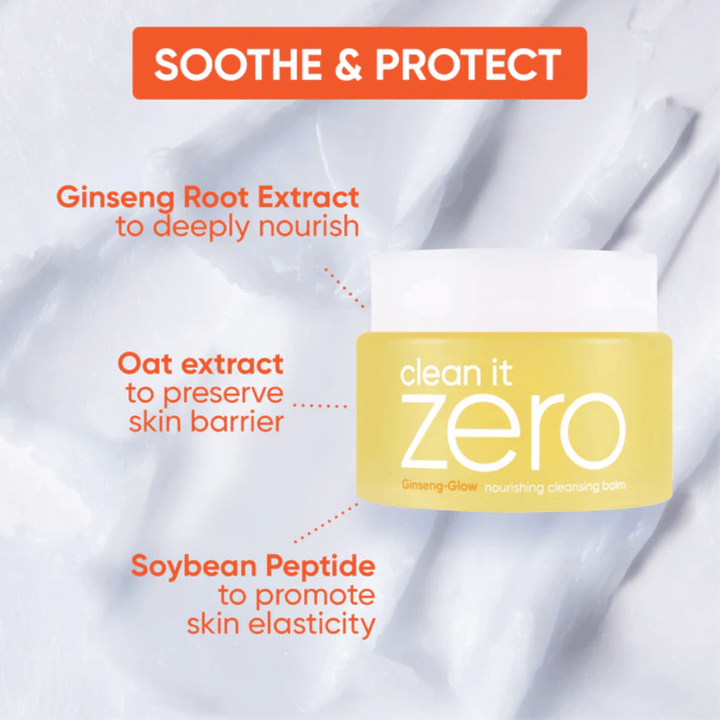 Clean It Zero Ginseng-Glow Cleansing Balm od BANILA CO z ginsengom, izvlečkom ovsa in sojinimi peptidi, zasnovan za pomiritev, zaščito in krepitev kožne pregrade, hkrati pa raztaplja ličila in umazanijo.