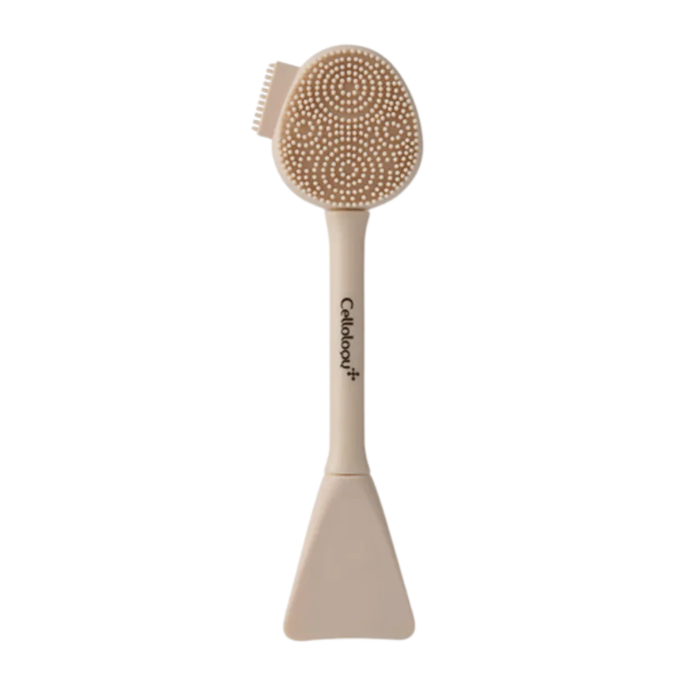 3. Cellolopy Cleaning Brush – bež obrazna krtačka z mehkimi silikonskimi ščetinami in lopatko za nanašanje obraznih mask