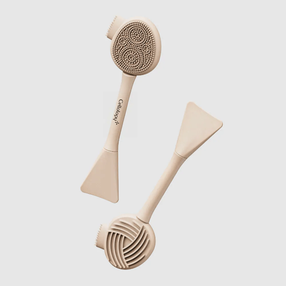 2. Cellolopy Cleaning Brush – sprednja in zadnja stran večnamenske čistilne krtačke s silikonskimi ščetinami, rebrasto površino in lopatko
