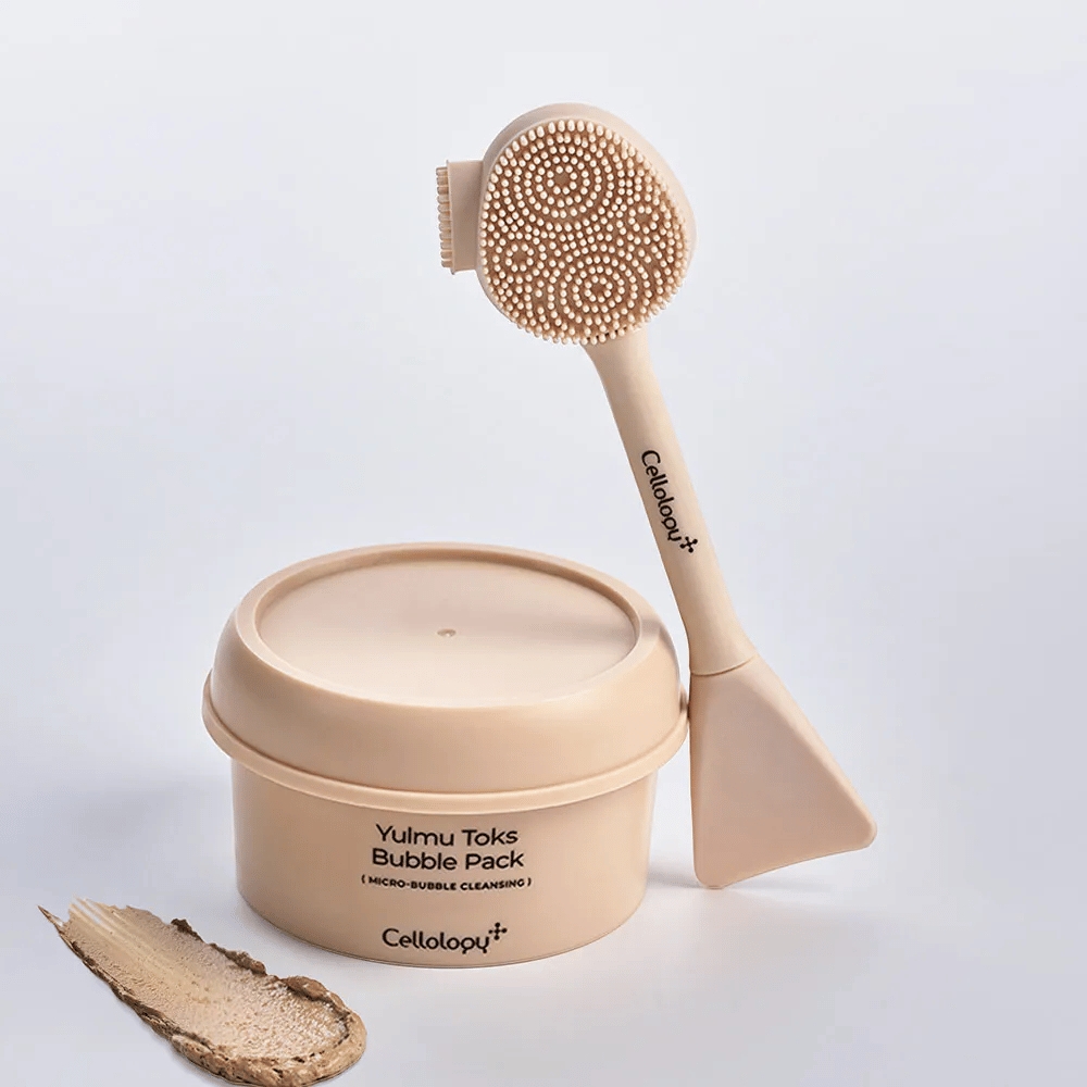 1. Cellolopy Cleaning Brush – bež čistilna krtačka s silikonskimi ščetinami in lopatko skupaj z Yulmu Toks Bubble Pack