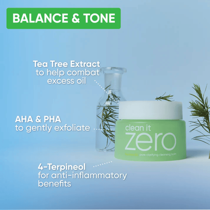 Clean It Zero Pore Clarifying Cleansing Balm z izvlečkom Tea Tree, AHA in PHA, ki uravnava kožo, zmanjšuje odvečno olje in nežno eksfolira za jasnejši ton kože.
