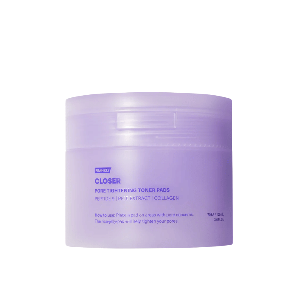 Slika izdelka FRANKLY Closer Pore Tightening Toner Pads v vijolični posodi. Toner blazinice s peptidi, izvlečkom riža in kolagenom za zmanjšanje por.