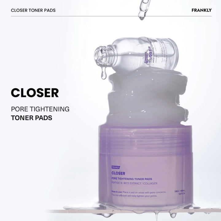 FRANKLY Closer Toner Pads s tonerjem, ki kaplja. Prikazuje izdelek, napolnjen z vlažilno esenco za zmanjšanje por in osveženo kožo.