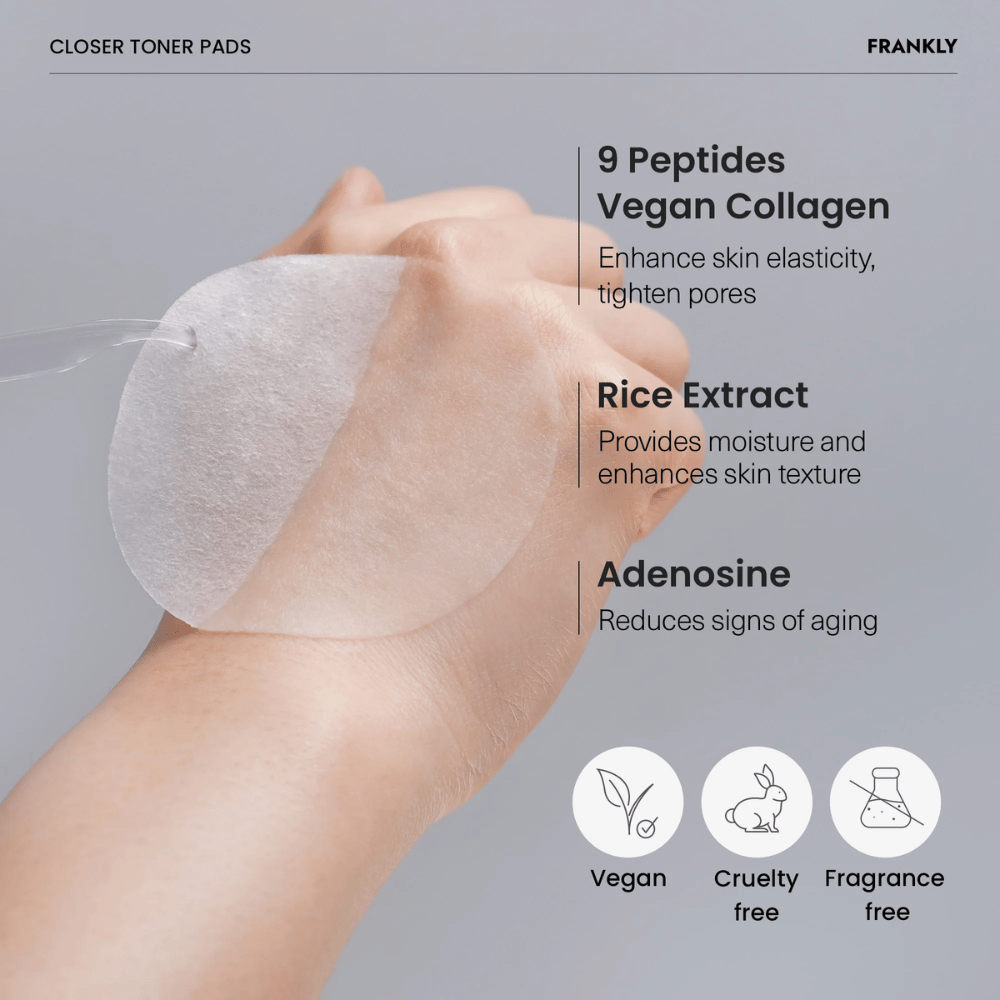 Povečana slika FRANKLY Closer Toner Pad na roki. Besedilo prikazuje sestavine, kot so 9 peptidov, veganski kolagen, izvleček riža in adenosin. Vegansko in brez krutosti.