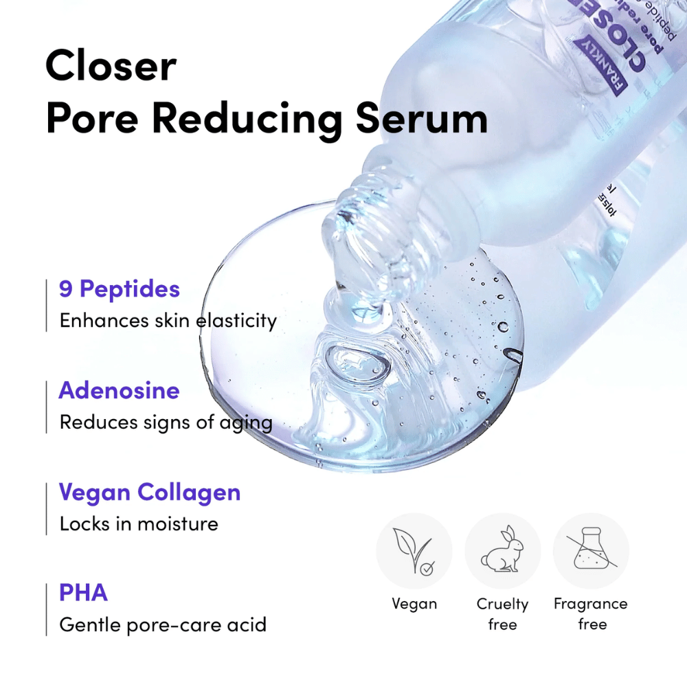Povečana slika FRANKLY Closer Pore Reducing Serum z sestavinami: 9 peptidov, adenosin, veganski kolagen in PHA. Veganska in cruelty-free formula.