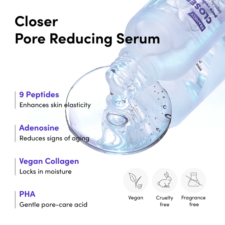 Povečana slika FRANKLY Closer Pore Reducing Serum z sestavinami: 9 peptidov, adenosin, veganski kolagen in PHA. Veganska in cruelty-free formula.