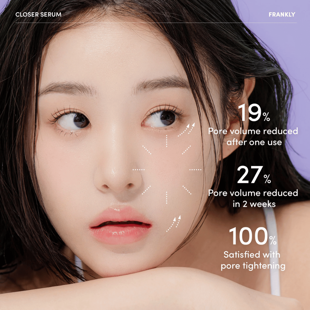 Ženska s FRANKLY Closer Serum prikazuje rezultate: 19 % zmanjšane pore po eni uporabi, 27 % po dveh tednih, 100 % zadovoljnih z zmanjšanjem por.