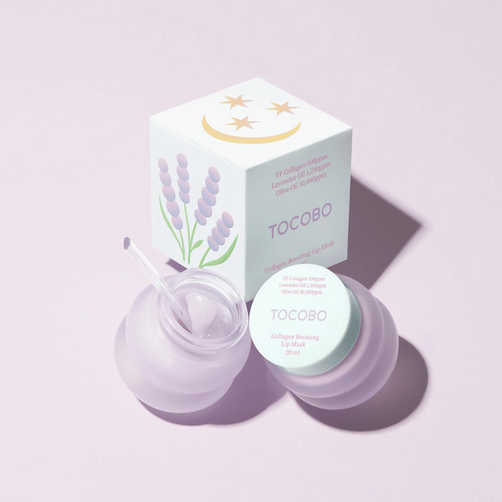 TOCOBO Collagen Boosting Lip Mask s pakiranjem, okrašenim z lavando in simboli lune.