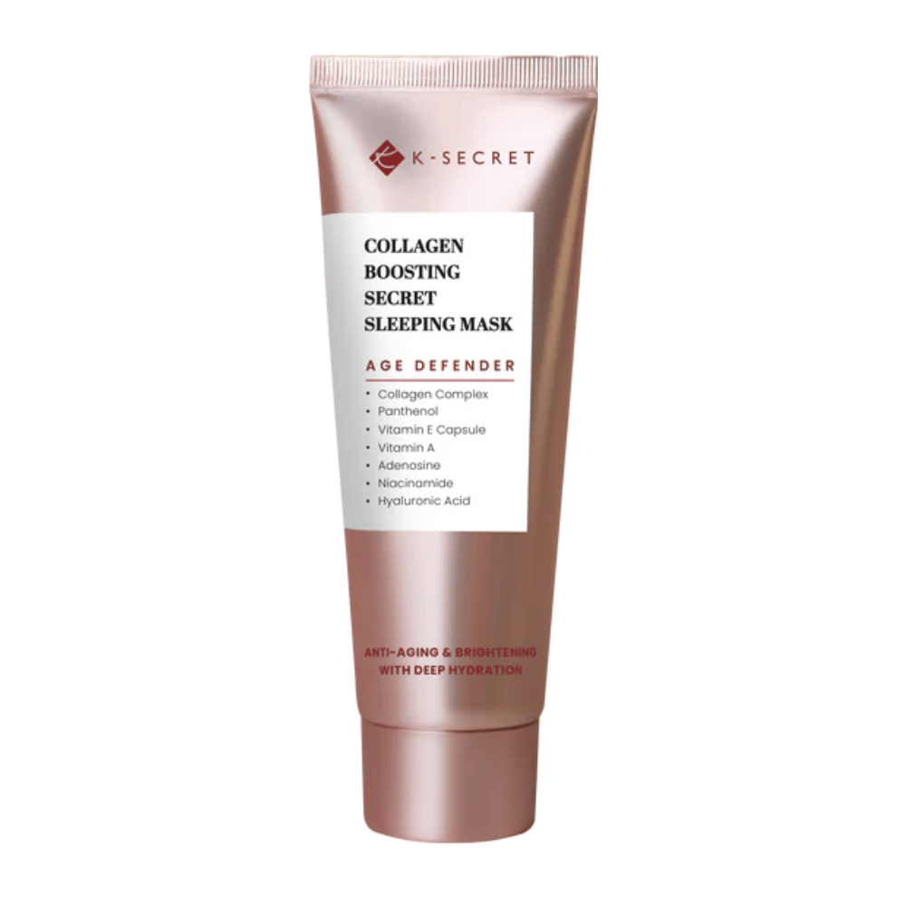 Slika izdelka K-SECRET Collagen Boosting Secret Sleeping Mask v rožnato-zlati tubi z besedilom, ki poudarja anti-aging, vlaženje in sestavine, kot so kolagen, pantenol in hialuronska kislina.