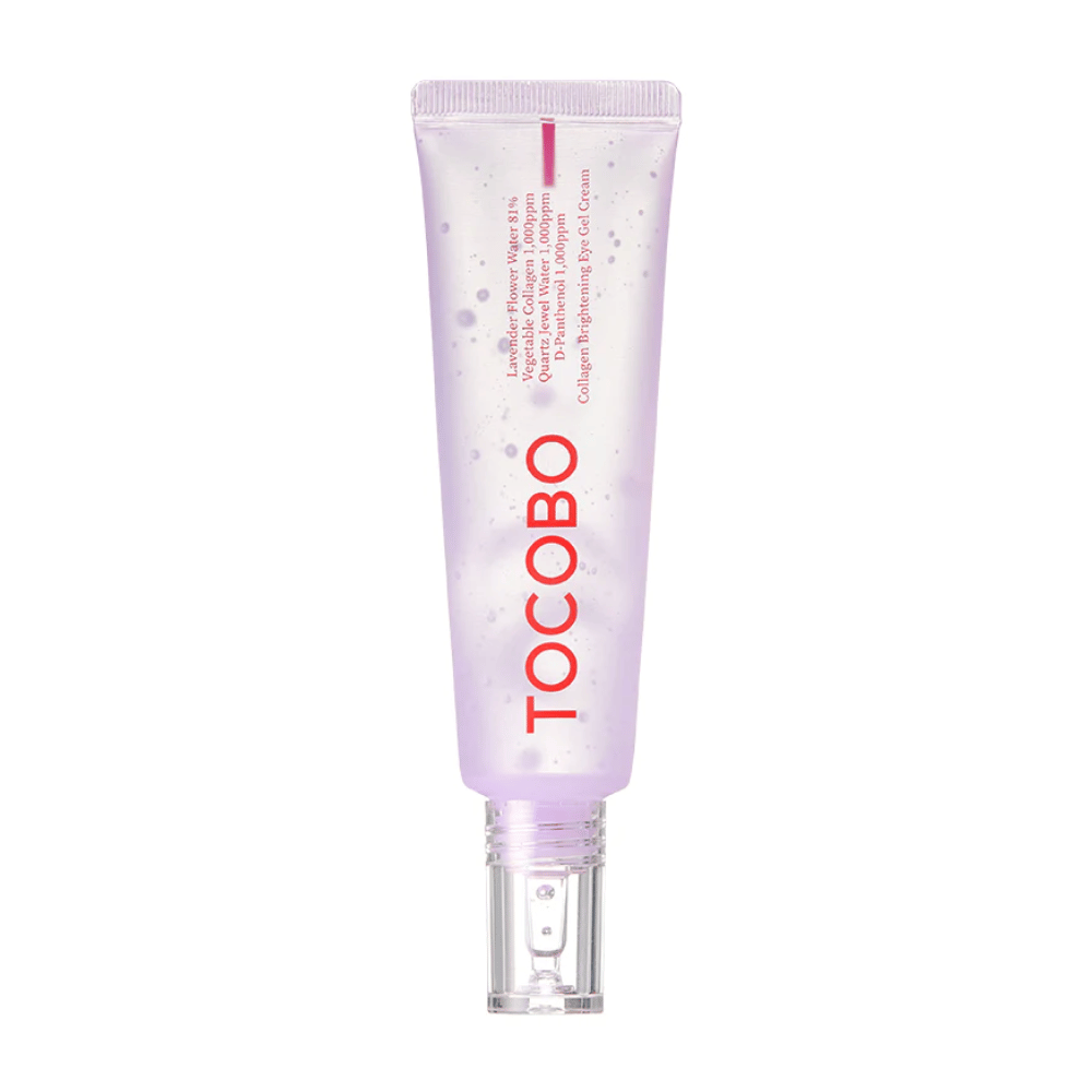Izdelek na sliki je "Collagen Brightening Eye Gel Cream" znamke TOCOBO. Je očesni gel v vijolični tubi z belimi pikami, zasnovan za posvetlitev in izboljšanje videza kože okoli oči.