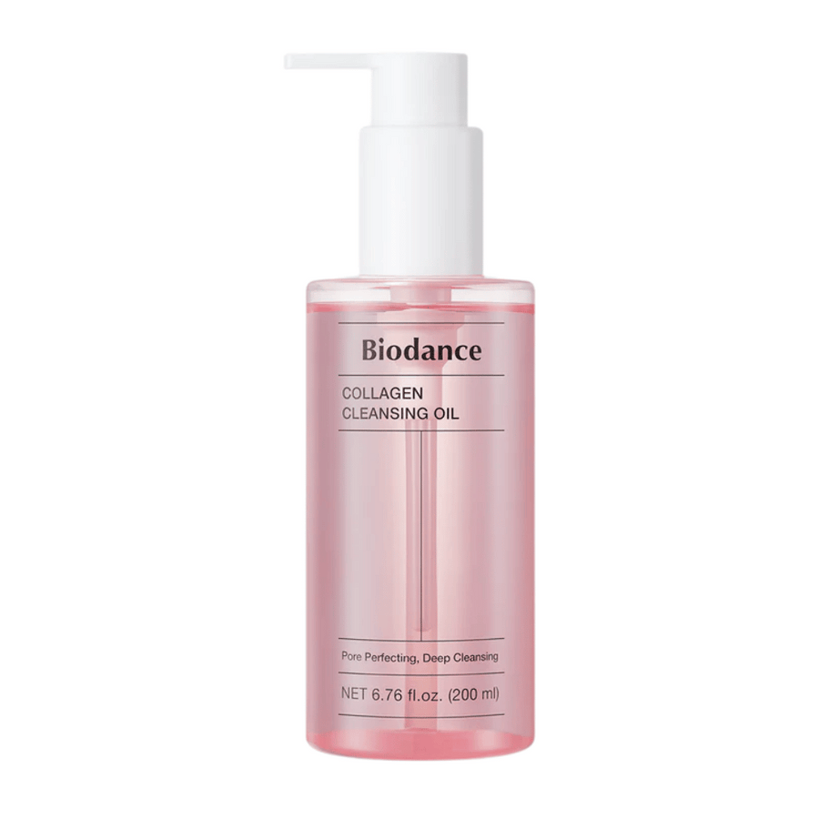 Slika izdelka Biodance Collagen Cleansing Oil v prozorni rožnati steklenički z belim dozirnikom, besedilo "Pore Perfecting, Deep Cleansing" in oznaka volumna 200 ml.