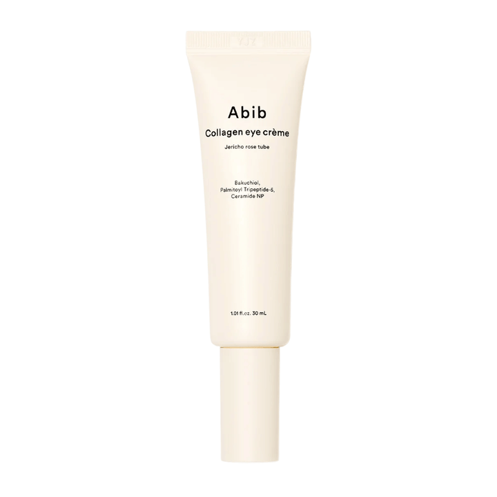 Slika izdelka Abib Collagen Eye Crème – Jericho Rose Tube 30 ml. Vsebuje bakuchiol, tripeptide in ceramide za čvrstejšo kožo.