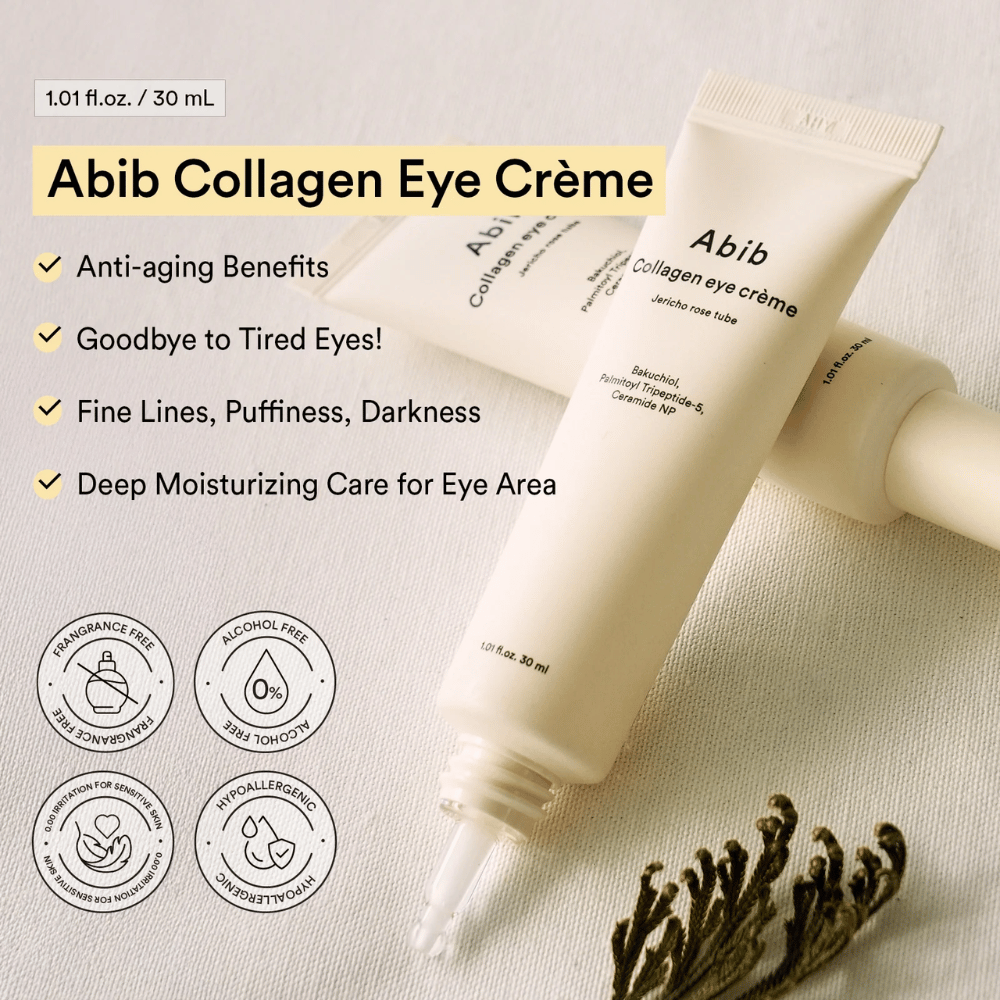 Abib Collagen Eye Crème z besedilom o anti-agingu in intenzivni hidraciji za področje okoli oči. Brez alkohola, parfumov in hipoalergena.