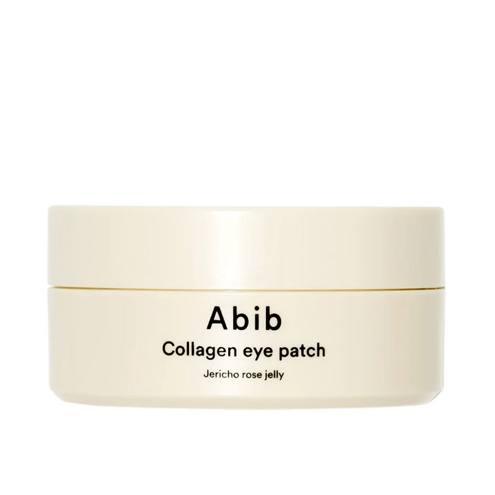 Embalaža Abib Collagen Eye Patch Jericho Rose Jelly – bež lonček s črnim besedilom, zasnovan za nego predela pod očmi s kolagenom in vlažilnimi sestavinami.