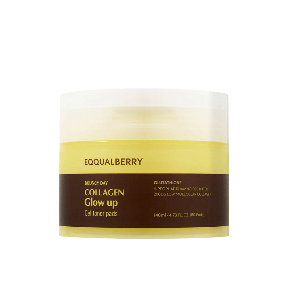Bouncy Day Collagen Glow Up Gel Toner Pads, ki vsebujejo nizko molekularni kolagen in glutation, za izboljšanje elastičnosti kože in mladosten sijaj. Pakiranje s 60 blazinicami.