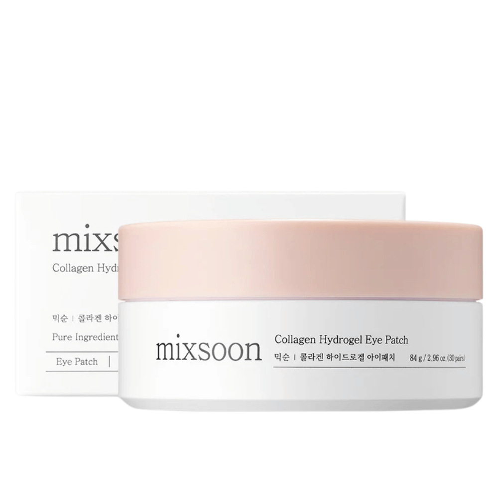 Slika Mixsoon Collagen Hydrogel Eye Patch, ki prikazuje kozarec z rožnatim pokrovom in belo osnovo. Kozarec vsebuje 84 g (30 parov) obližev za oči. Škatla je elegantna in daje občutek luksuzne nege kože. Izdelek je zasnovan za vlaženje in hranjenje kože pod očmi.