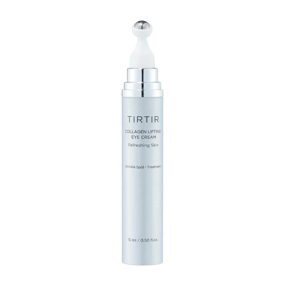 Tuba s kremo za oči TIRTIR Collagen Lifting na čistem ozadju, zasnovana za osvežujočo nego kože.