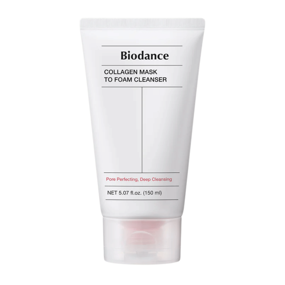 Slika izdelka Biodance Collagen Mask to Foam Cleanser v beli tubi s črnim besedilom in roza detajli. Vsebuje 150 ml in se trži kot globinsko čistilno in izboljšuje pore.