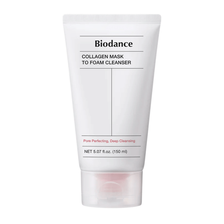 Slika izdelka Biodance Collagen Mask to Foam Cleanser v beli tubi s črnim besedilom in roza detajli. Vsebuje 150 ml in se trži kot globinsko čistilno in izboljšuje pore.