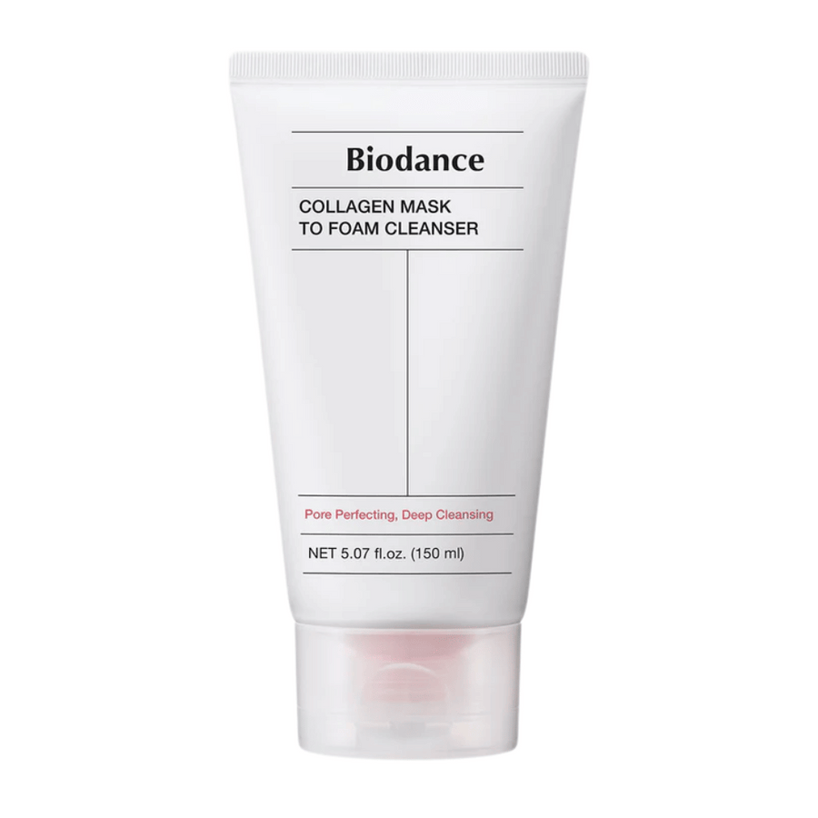 Slika izdelka Biodance Collagen Mask to Foam Cleanser v beli tubi s črnim besedilom in roza detajli. Vsebuje 150 ml in se trži kot globinsko čistilno in izboljšuje pore.