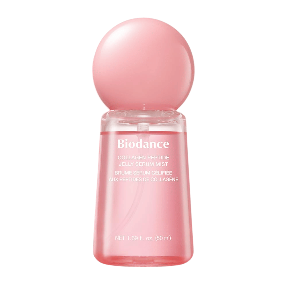 Biodance Collagen Peptide Jelly Serum Mist 50 ml – rožnata meglica za obraz in serum s kolagenom ter peptidi za vlaženje in sijaj.