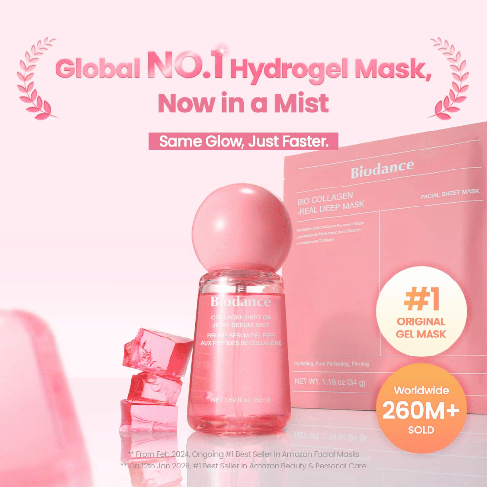 Biodance Collagen Peptide Jelly Serum Mist skupaj z Biodance Bio-Collagen Real Deep Mask – nega kože, navdihnjena s hidrogelom, za sijaj in vlaženje.