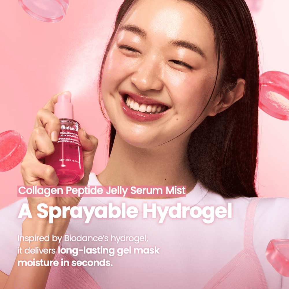 Biodance Collagen Peptide Jelly Serum Mist – razpršljiv obrazni mist, navdihnjen s hidrogelom, za hitro in dolgotrajno vlaženje.