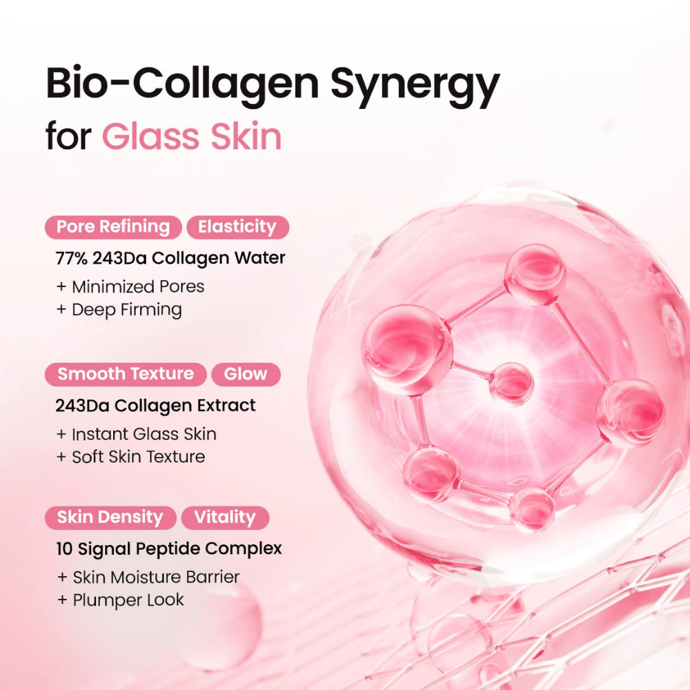 Biodance Collagen Peptide Jelly Serum Mist s 77 % kolagenske vode, kolagenskim izvlečkom in peptidnim kompleksom za sijaj, čvrstost in vlaženje.