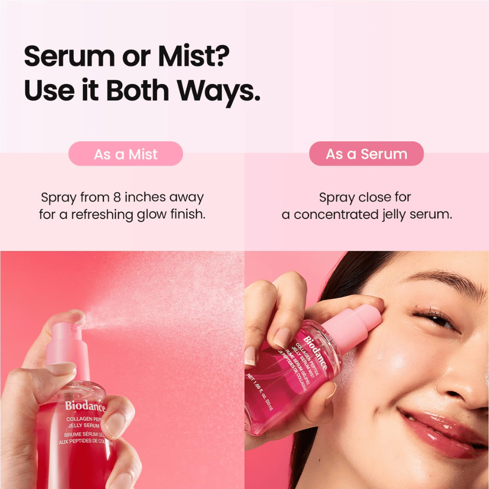 Biodance Collagen Peptide Jelly Serum Mist se lahko uporablja tako kot meglica za obraz kot serum za vlaženje ter svež, sijoč zaključek.