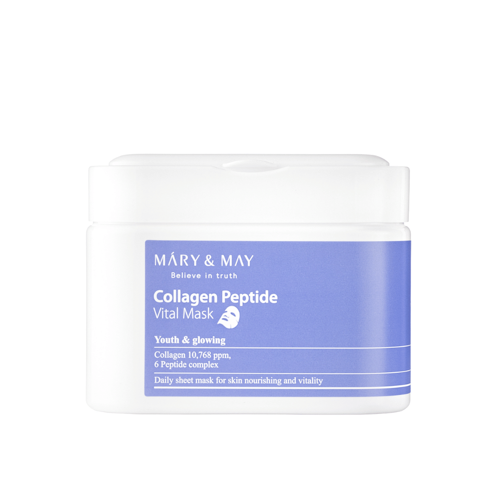 Collagen Peptide Vital Mask" od MARY & MAY v beli in vijolični posodi. Izdelek vsebuje 10.768 ppm kolagena in peptidni kompleks za hranjenje kože in sijaj. Ta dnevna obrazna maska je zasnovana za mladosten in sijoč videz kože.