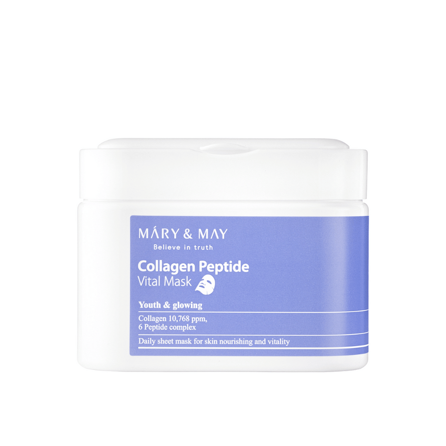 Collagen Peptide Vital Mask" od MARY & MAY v beli in vijolični posodi. Izdelek vsebuje 10.768 ppm kolagena in peptidni kompleks za hranjenje kože in sijaj. Ta dnevna obrazna maska je zasnovana za mladosten in sijoč videz kože.