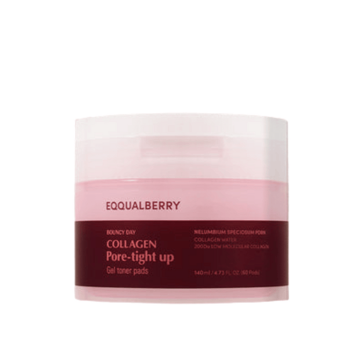 Kozarec z Bouncy Day Collagen Pore-Tight Up Gel Toner Pads. Kozarec je roza in rdeč, vsebuje 140 ml izdelka, ki pomaga učvrstiti kožo in zmanjšati velikost por.