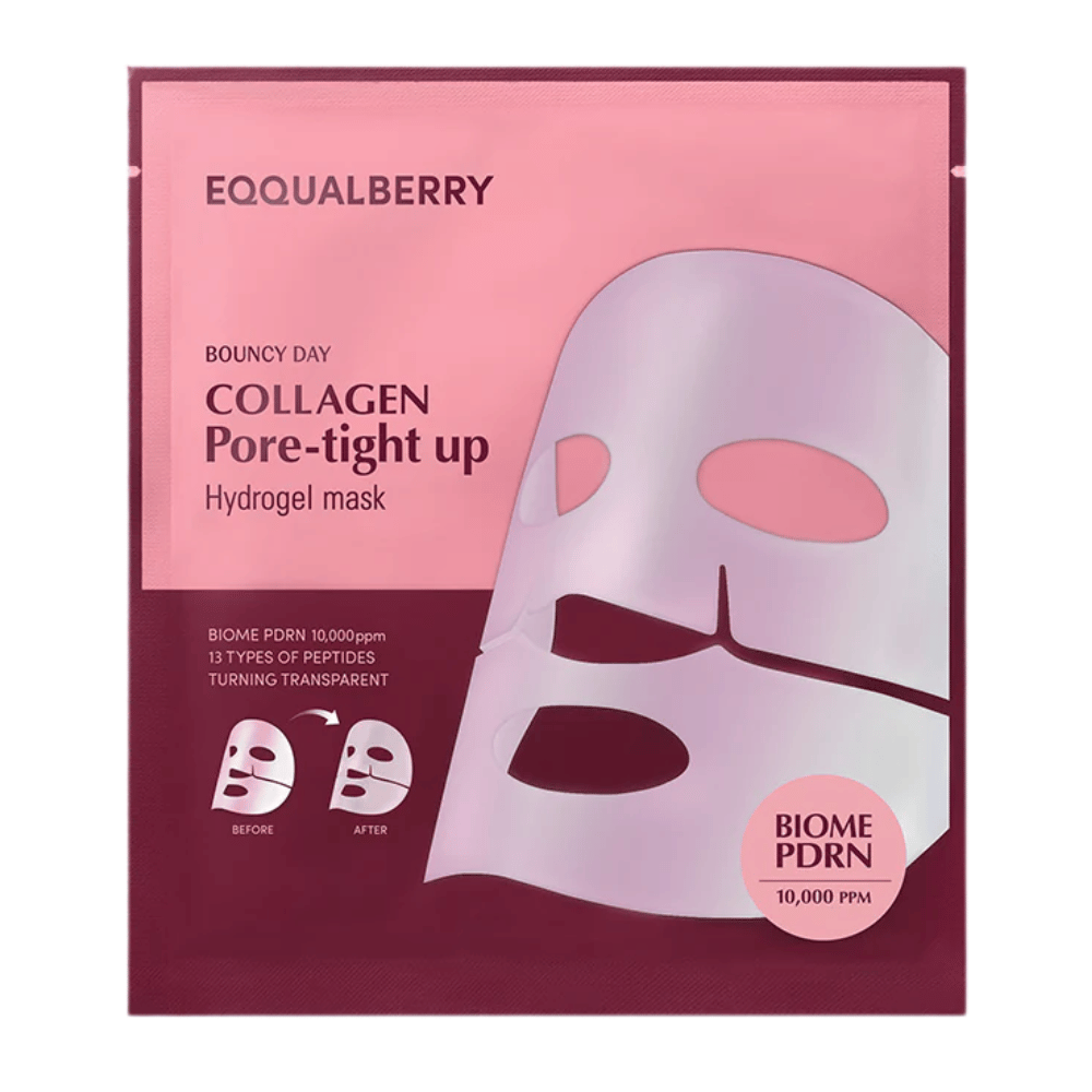 Embalaža za Collagen Pore-tight Up Hydrogel Mask, obrazno masko z biome PDRN in 13 vrstami peptidov, je vidna v roza embalaži s pred- in po-slikami učinkov maske.