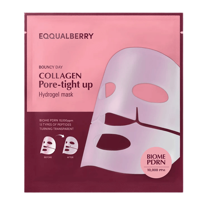 Embalaža za Collagen Pore-tight Up Hydrogel Mask, obrazno masko z biome PDRN in 13 vrstami peptidov, je vidna v roza embalaži s pred- in po-slikami učinkov maske.
