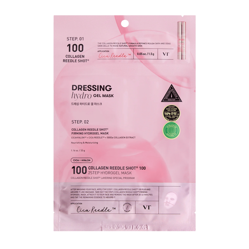 Pakiranje VT Collagen Reedle Shot 100 2-Step Hydrogel Mask v roza dizajnu. Prikazuje korak 1 s Cica Reedle™ in korak 2 s čvrstilno hidrogelno masko, ki vsebuje CICAHYALON™ in 500Da kolagenski ekstrakt.