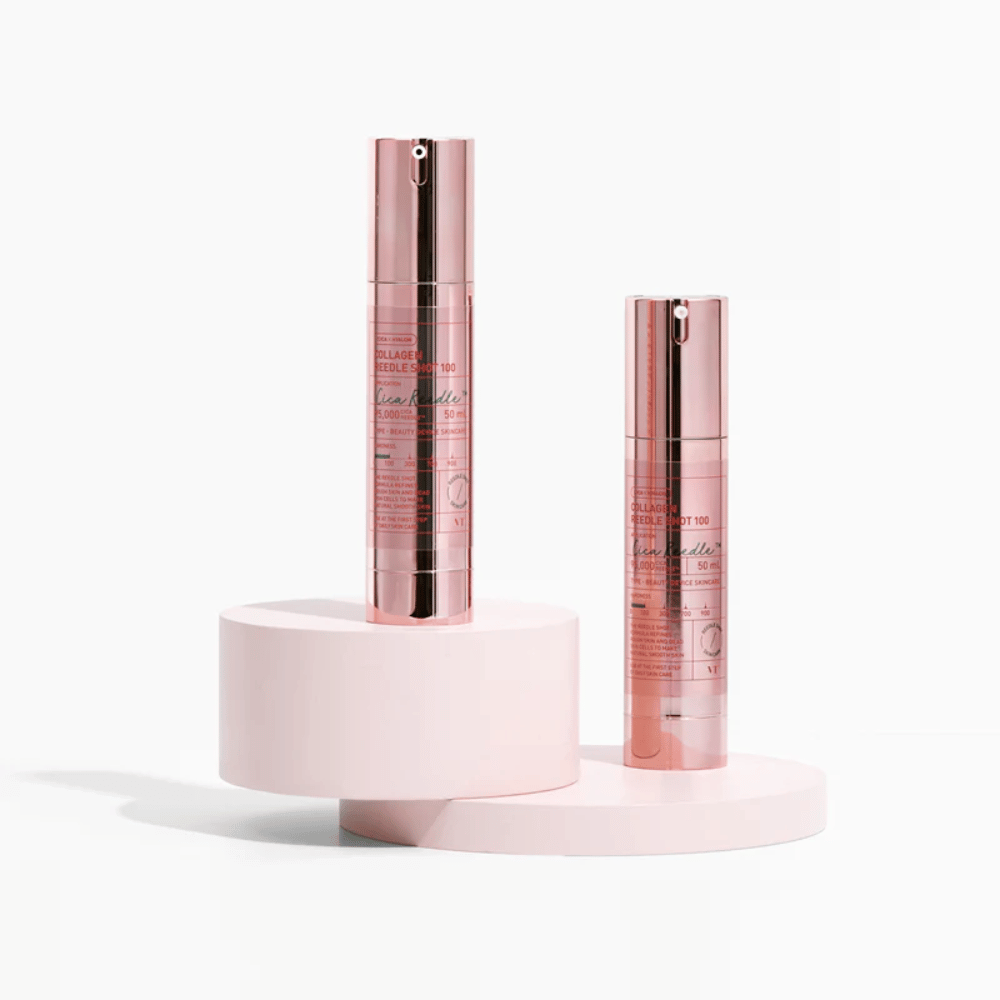 Dve steklenički VT Collagen Reedle Shot 100 v roza dizajnu. Serum za čvrstost s Cica in kolagenom.