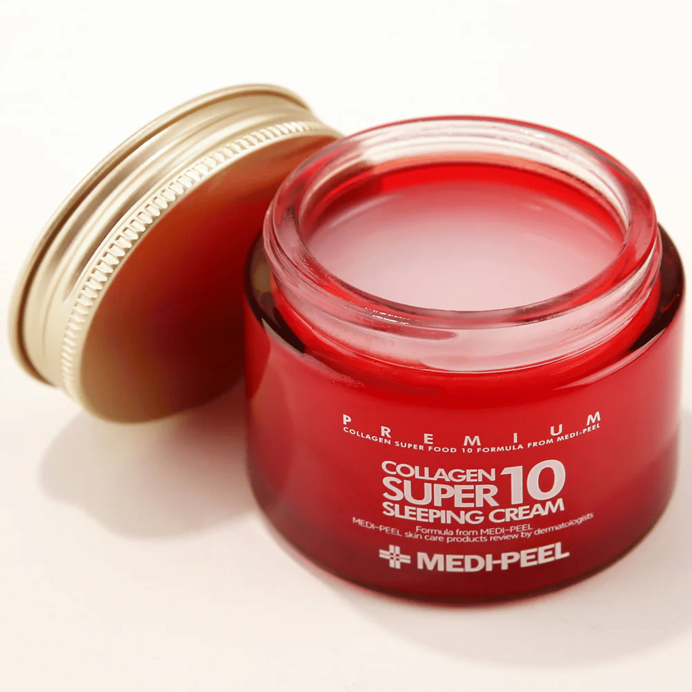 Povečava MEDI-PEEL Collagen Super 10 Sleeping Cream z gel-kremno teksturo, ki se vpije čez noč in zagotavlja intenzivno vlaženje.