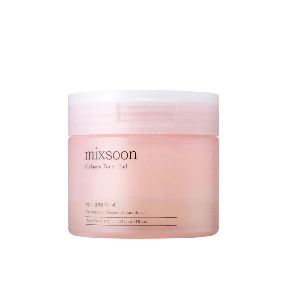 Mixsoon Collagen Toner Pad v elegantni, roza posodi s 110 blazinicami – vlažilni toner za vsakodnevno nego kože.