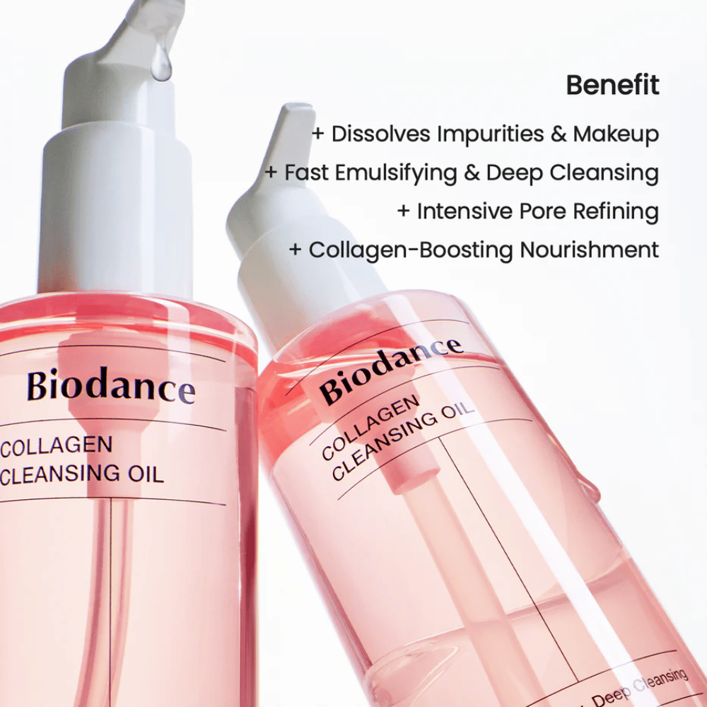 Dve steklenički Biodance Collagen Cleansing Oil z rožnato obarvano tekočino in belim dozirnikom, postavljeni proti svetlemu ozadju. Besedilo navaja prednosti, kot so globinsko čiščenje, odstranjevanje ličil in podpora kolagenu.