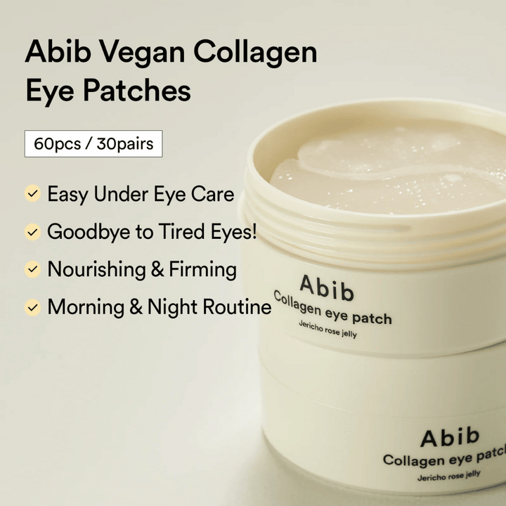 Abib Collagen Eye Patch Jericho Rose Jelly v odprtem lončku z vidnimi obliži za oči. Besedilo opisuje prednosti, kot so enostavna nega za utrujene oči, učinek zategovanja in uporaba zjutraj in zvečer. 60 kosov / 30 parov.
