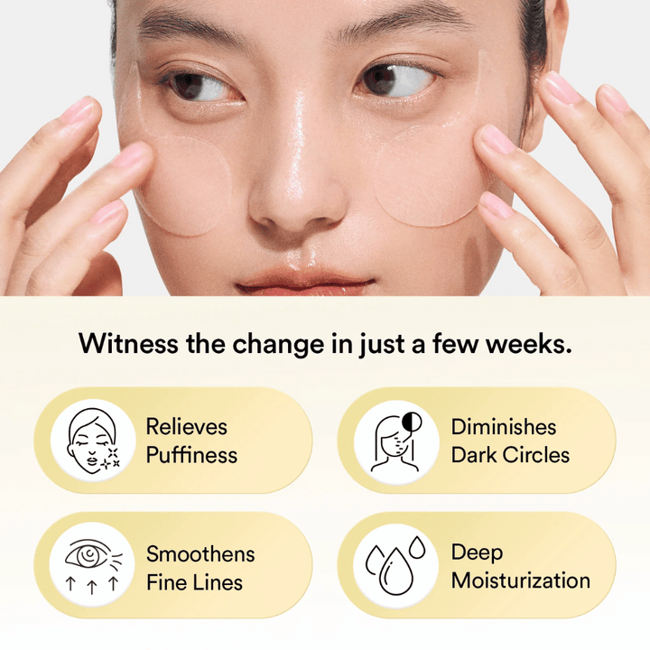 Povečan posnetek ženske, ki nanaša Abib Collagen Eye Patch Jericho Rose Jelly pod očmi. Ikone in besedilo prikazujejo učinke izdelka: zmanjšuje oteklino, zmanjšuje temne kolobarje, gladi drobne gubice in globinsko vlaži.